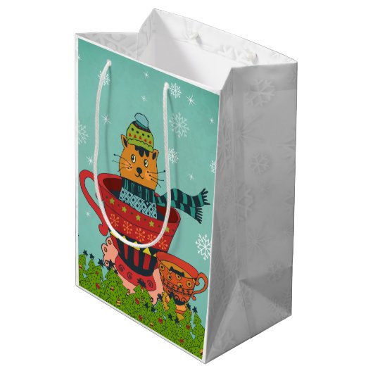 お茶お洒落飲み式クリスマスに座る猫 ミディアムペーパーバッグ (裏面アングル)