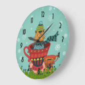 お茶お洒落飲み式クリスマスに座る猫 ラージ壁時計 (傾斜)