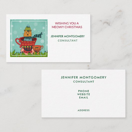 お茶お洒落飲み式クリスマスに座る猫 名刺 (正面/裏面)