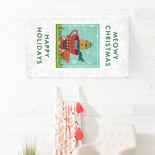 お茶お洒落飲み式クリスマスに座る猫 横断幕 (インサイチュ)