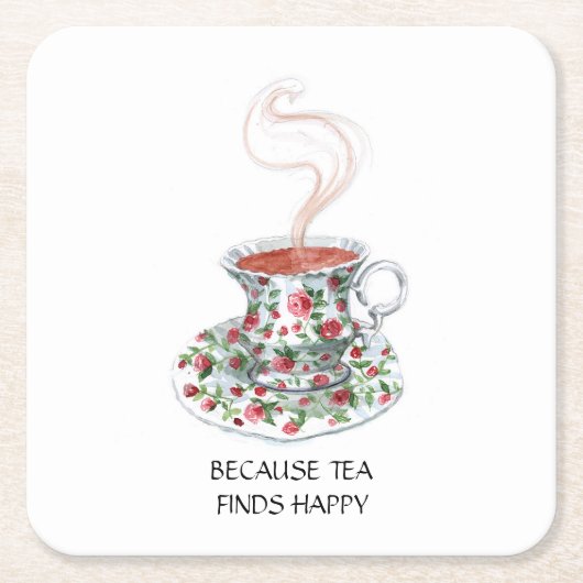 お茶がハッピースローガンを見つけるので、ヴィンテージカップバラ スクエアペーパーコースター (正面)