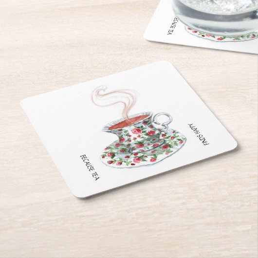 お茶がハッピースローガンを見つけるので、ヴィンテージカップバラ スクエアペーパーコースター (アングル)