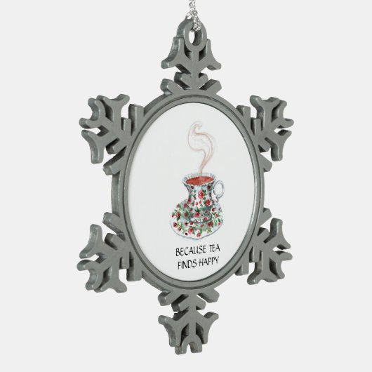 お茶が幸せなスローガンを見つけるので、ヴィンテージカップバラ スノーフレークピューターオーナメント (左)