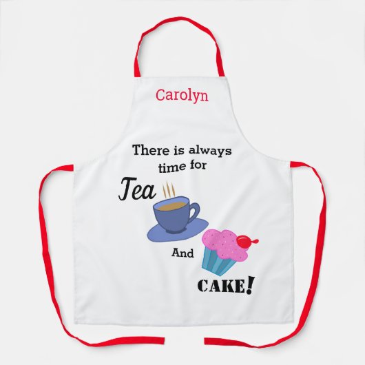 お茶とケーキの時間が常にあるパーソナライズされた エプロン (正面)