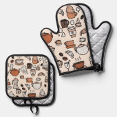お茶とコーヒーショップのオブジェクトのパターン 鍋つかみ&鍋敷きセット (正面/裏面)