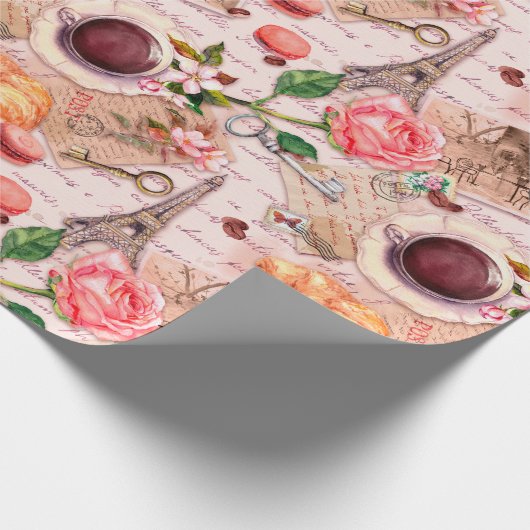 お茶と古い文字のヴィンテージフランスのスタイル ラッピングペーパー (角)