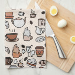 お茶と喫茶店の物の模様 キッチンタオル<br><div class="desc">カフェか喫茶店のコラージュがベージュに。</div>
