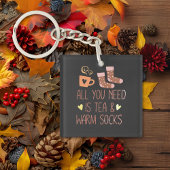 お茶と暖かい靴下の季節のブラック キーホルダー