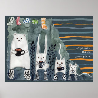 お茶と温かい靴下の青いポスター ポスター