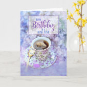 お茶と紫の花の叔母の誕生日 カード (黄色い花)