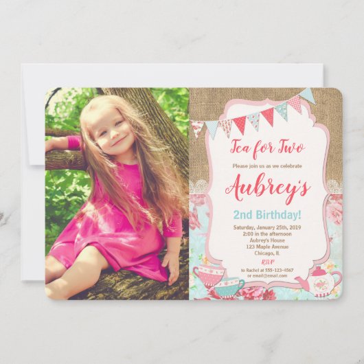 お茶のための紅茶パーティー女の子のフローラ誕生日 招待状 (正面)