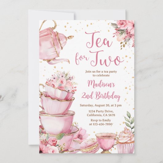 お茶のための2つの誕生日パーティーピンクフローラティーパーティー 招待状 (正面)