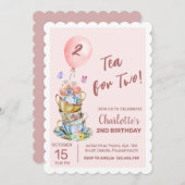 お茶のための2つの誕生日パーティーピンクフローラティーパーティー 招待状 (正面/裏面)