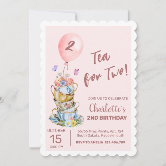 お茶のための2つの誕生日パーティーピンクフローラティーパーティー 招待状 (正面)