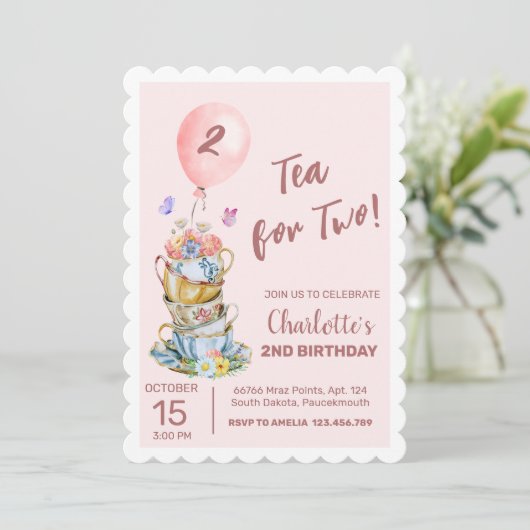 お茶のための2つの誕生日パーティーピンクフローラティーパーティー 招待状 (スタンド正面)