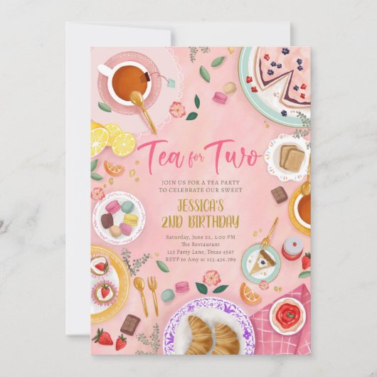 お茶のための2パーティーガールピンク金ゴールド第2誕生日 招待状 (正面)