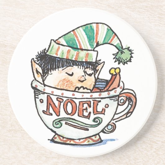 お茶のカップに眠る、かわいいマンガのクリスマス小妖精や小人|過去記事 コースター (正面)
