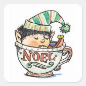 お茶のカップに眠る、かわいいマンガのクリスマス小妖精や小人|過去記事 スクエアシール (正面)