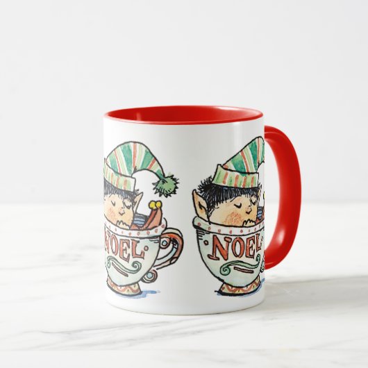 お茶のカップに眠る、かわいいマンガのクリスマス小妖精や小人|過去記事 マグカップ (正面右)