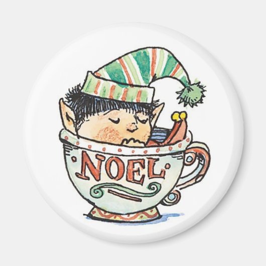 お茶のカップに眠る、かわいいマンガのクリスマス小妖精や小人|過去記事 マグネット (正面)