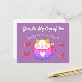 お茶のカップの中に猫がいるバレンタインデー ポストカード
