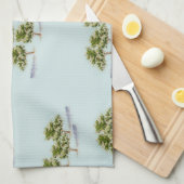 お茶のタオルに水色の木を飾る キッチンタオル (四つ折り)