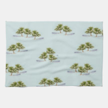 お茶のタオルに水色の木を飾る