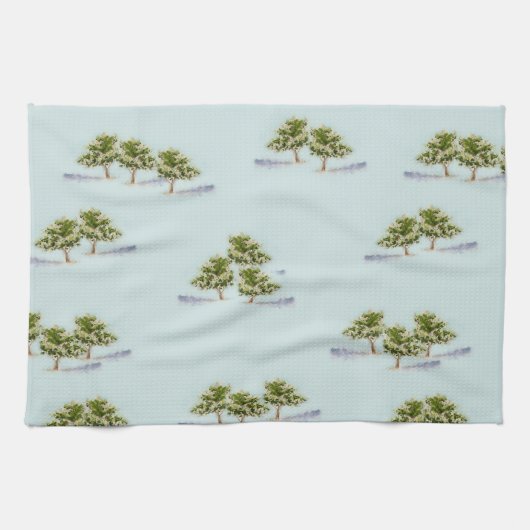 お茶のタオルに水色の木を飾る キッチンタオル (横)