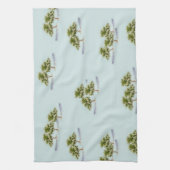 お茶のタオルに水色の木を飾る キッチンタオル (縦)