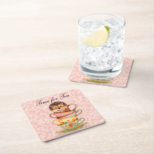 お茶のハリネズミが登場する可愛カラフルい時間 スクエアペーパーコースター (インサイチュ)