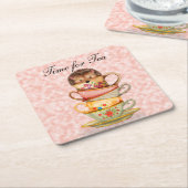 お茶のハリネズミが登場する可愛カラフルい時間 スクエアペーパーコースター (アングル)