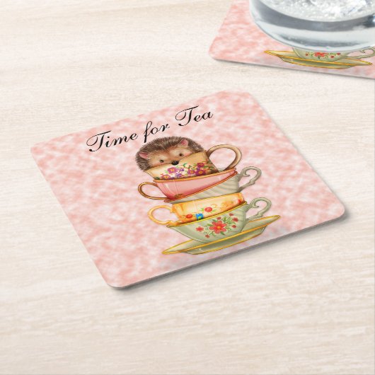お茶のハリネズミが登場する可愛カラフルい時間 スクエアペーパーコースター (アングル)
