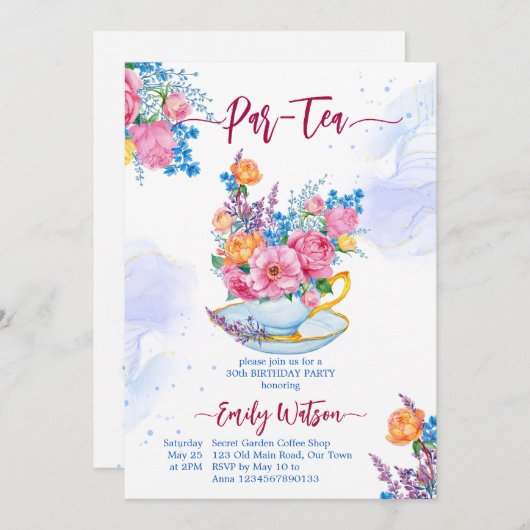 お茶のバースデーパーティーカップの花でいっぱい 招待状 (正面/裏面)