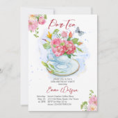 お茶のバースデーパーティーカップの花でいっぱい 招待状 (正面)