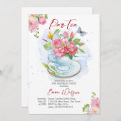 お茶のバースデーパーティーカップの花でいっぱい 招待状 (正面/裏面)