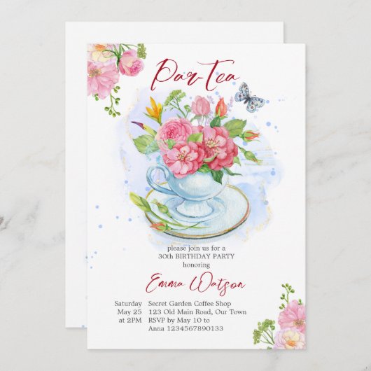 お茶のバースデーパーティーカップの花でいっぱい 招待状 (正面/裏面)