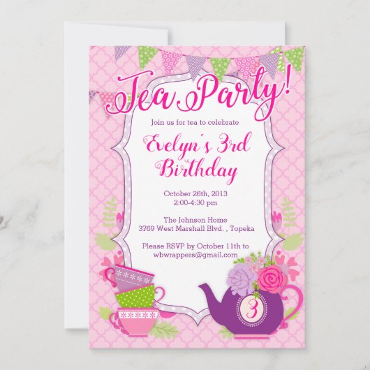 お茶のパーティの招待状または女の子のための茶のパーティー招待状 招待状 (正面)