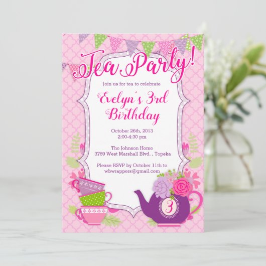 お茶のパーティの招待状または女の子のための茶のパーティー招待状 招待状 (スタンド正面)