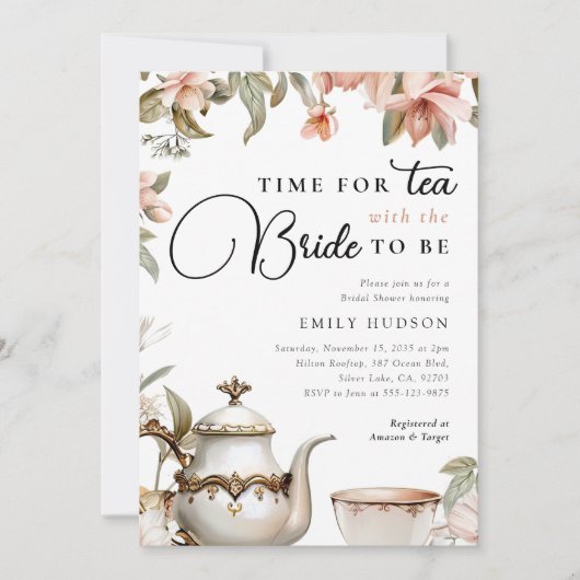 お茶のパーティーエレガントブライダルシャワーへの招待 招待状 (正面)