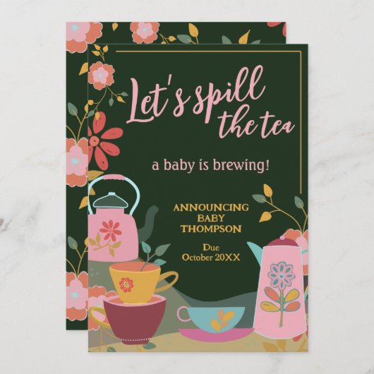 お茶のベビー醸造の妊娠の発表をこぼす 招待状 (正面/裏面)
