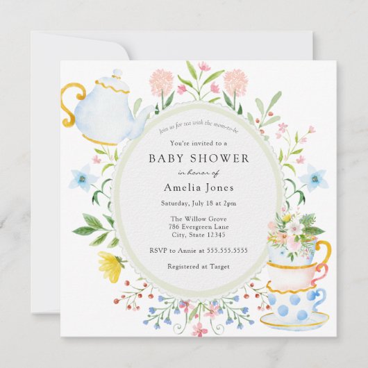 お茶のワイルドフラワーの赤ちゃんシャワーの時間 招待状 (正面)