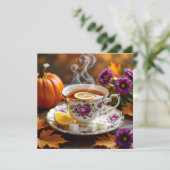 お茶のヴィンテージのティーカップ、Mums、かぼちゃの秋 シーズンカード (スタンド正面)