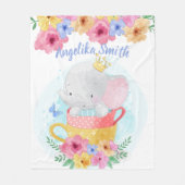 お茶の中の象に花と名前をカスタムする フリースブランケット (正面)