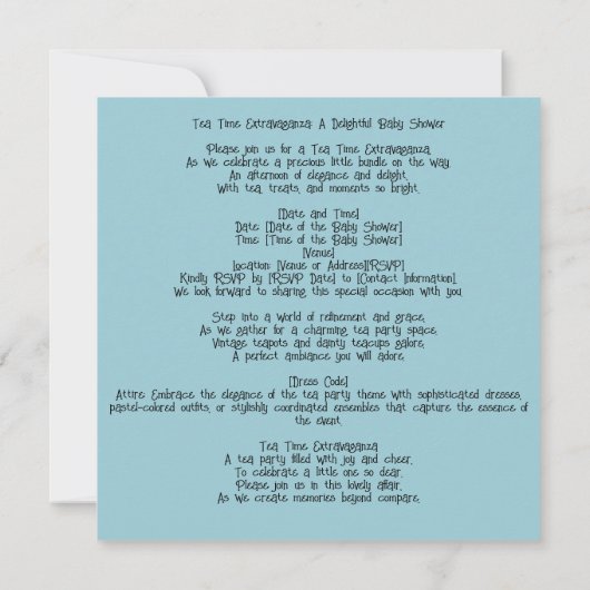 お茶の時間の贅沢：お茶のソイレ、赤ちゃんシャワー 招待状 (裏面)