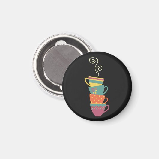お茶の時間はレトロな色の陶器のカップを積み上げた マグネット (正面/裏面)