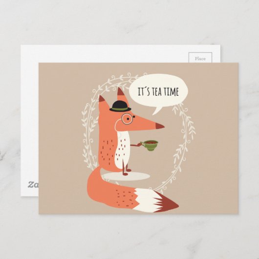 お茶の時間を持つかわいい漫画のキツネ ポストカード (正面/裏面)