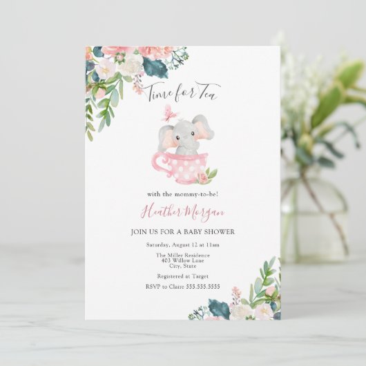 お茶の時間 エレファント ベイビー シャワーの招待状 招待状 (スタンド正面)