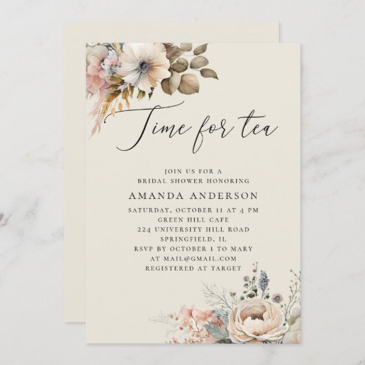 お茶の時間。ボエレガントホフローラブライダルシャワー 招待状 (正面/裏面)