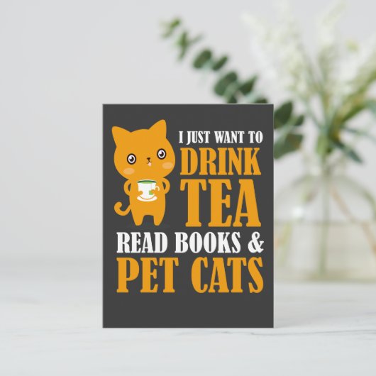 お茶の本や猫読を飲みたい ポストカード (スタンド正面)