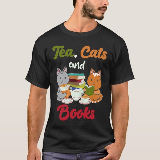 お茶の猫と本 猫 本の虫 お茶好き 猫飼いO Tシャツ (正面)